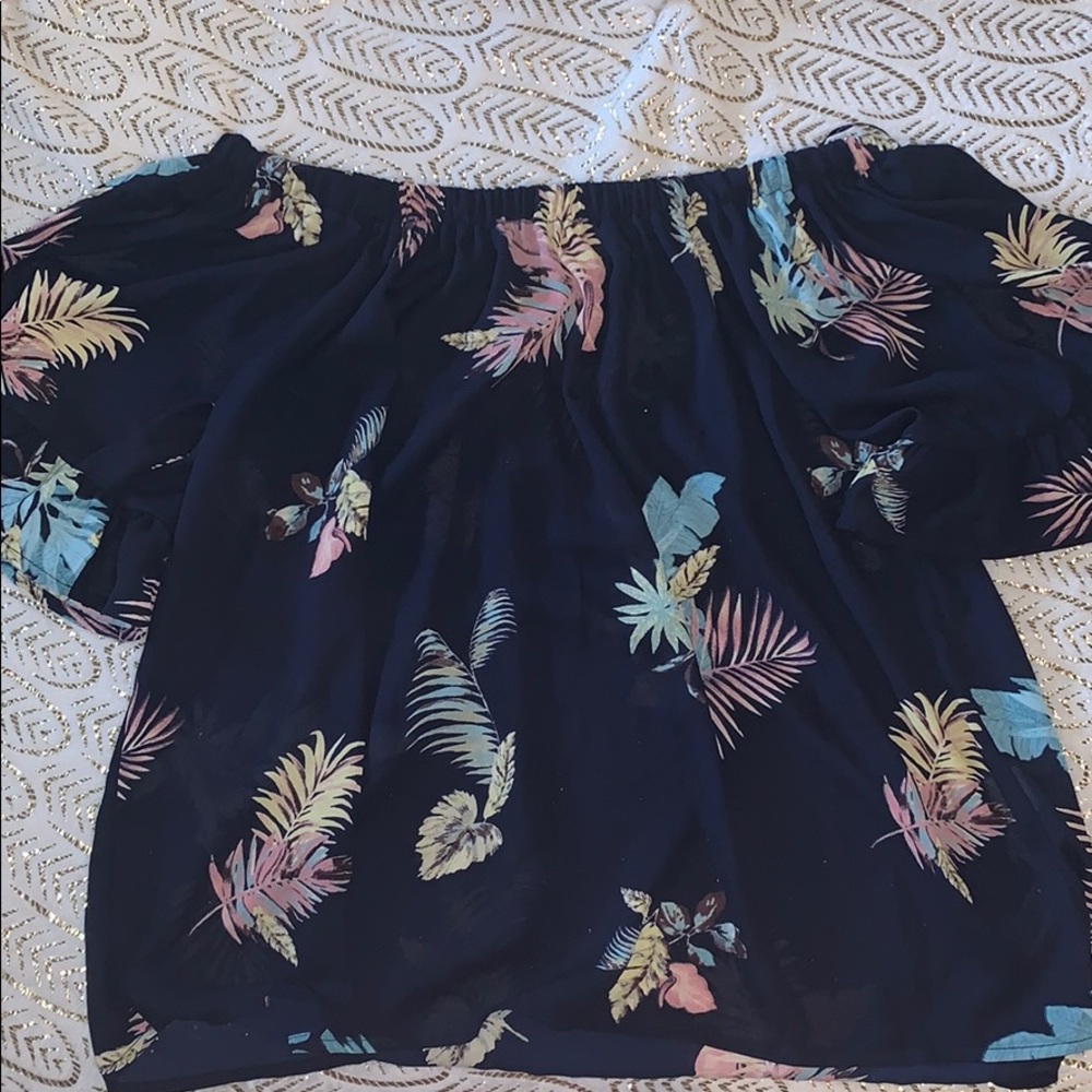 Tropical print off the shoulder shirt
